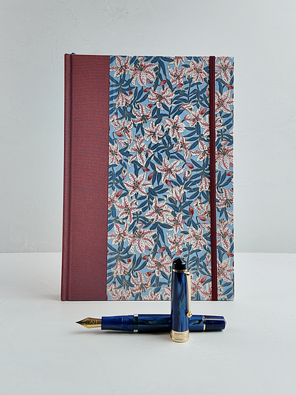 NEW B5 192-page Hardcover Journal finished in Rust Blue Japanese book cloth and white Lilies on blue Chiyogami Paper