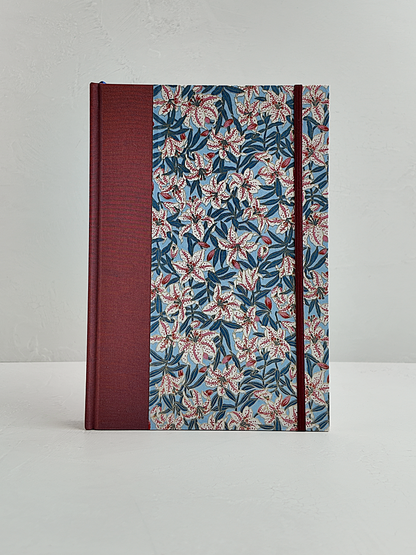 NEW B5 192-page Hardcover Journal finished in Rust Blue Japanese book cloth and white Lilies on blue Chiyogami Paper