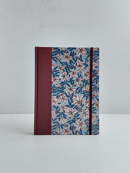 NEW A5 160-page Hardcover Journal finished in Rust Blue Japanese book cloth and white Lilies on blue Chiyogami Paper