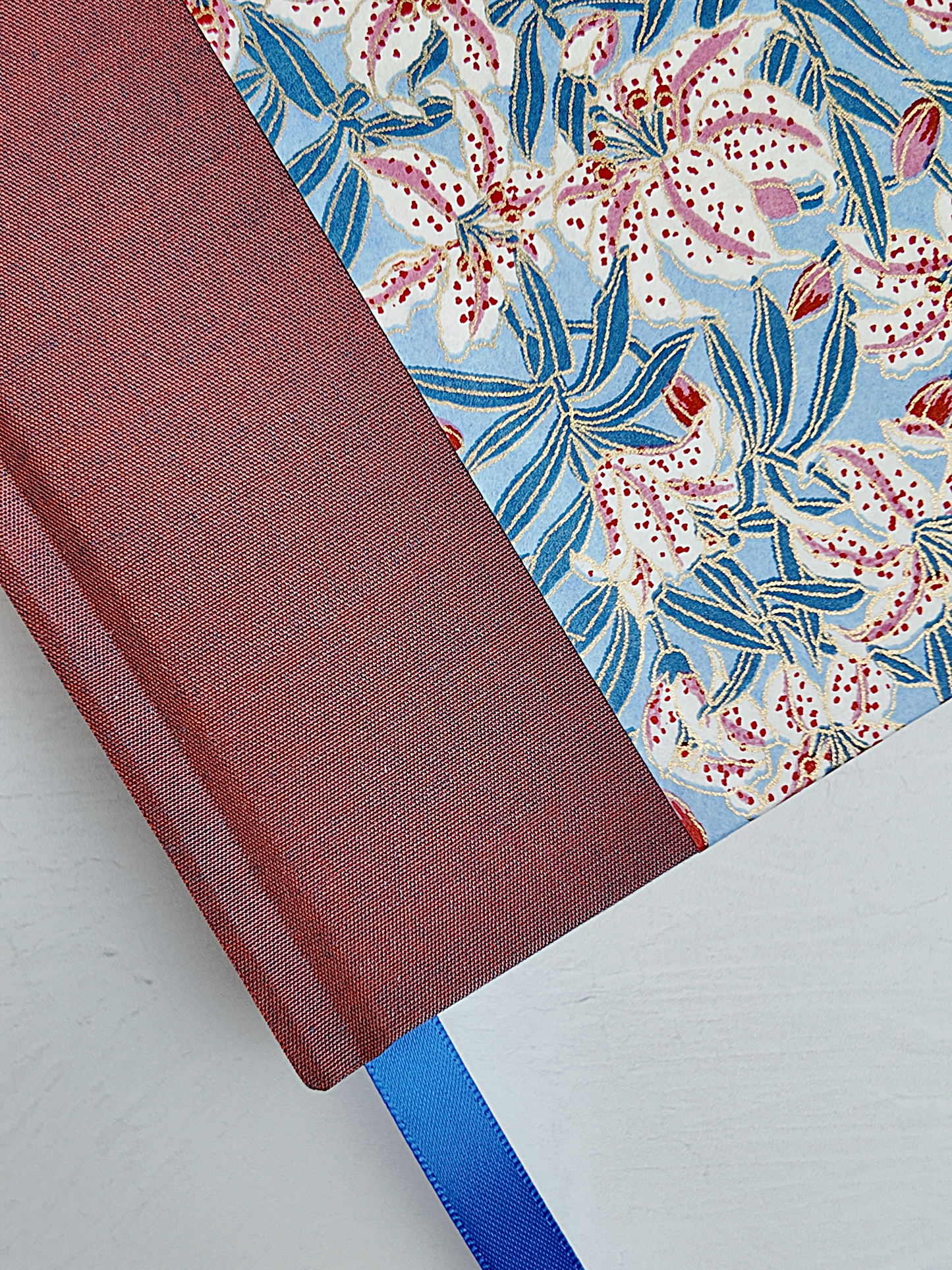 NEW A5 160-page Hardcover Journal finished in Rust Blue Japanese book cloth and white Lilies on blue Chiyogami Paper