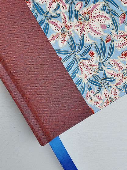 NEW A5 160-page Hardcover Journal finished in Rust Blue Japanese book cloth and white Lilies on blue Chiyogami Paper