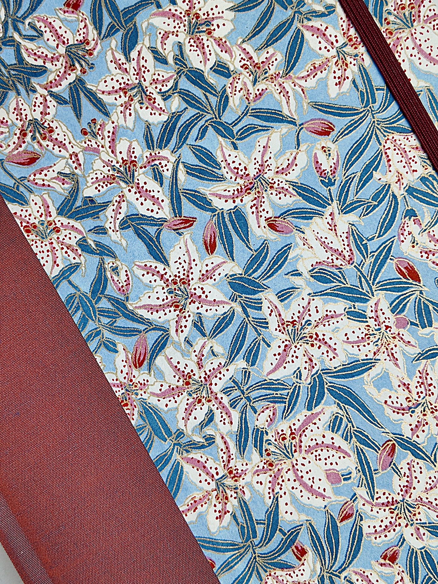 NEW A5 160-page Hardcover Journal finished in Rust Blue Japanese book cloth and white Lilies on blue Chiyogami Paper