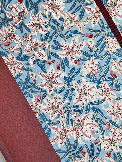 NEW A5 160-page Hardcover Journal finished in Rust Blue Japanese book cloth and white Lilies on blue Chiyogami Paper