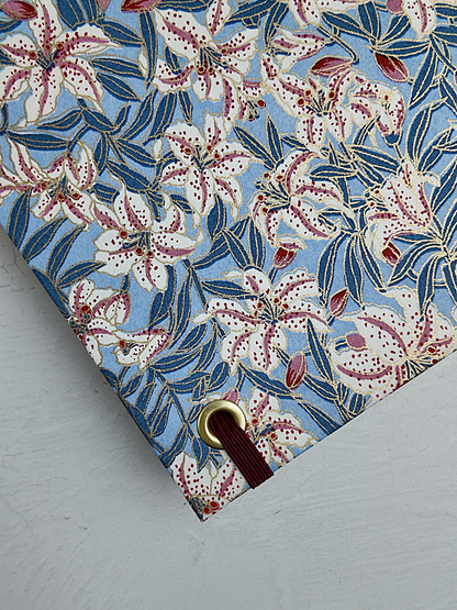 NEW A5 160-page Hardcover Journal finished in Rust Blue Japanese book cloth and white Lilies on blue Chiyogami Paper