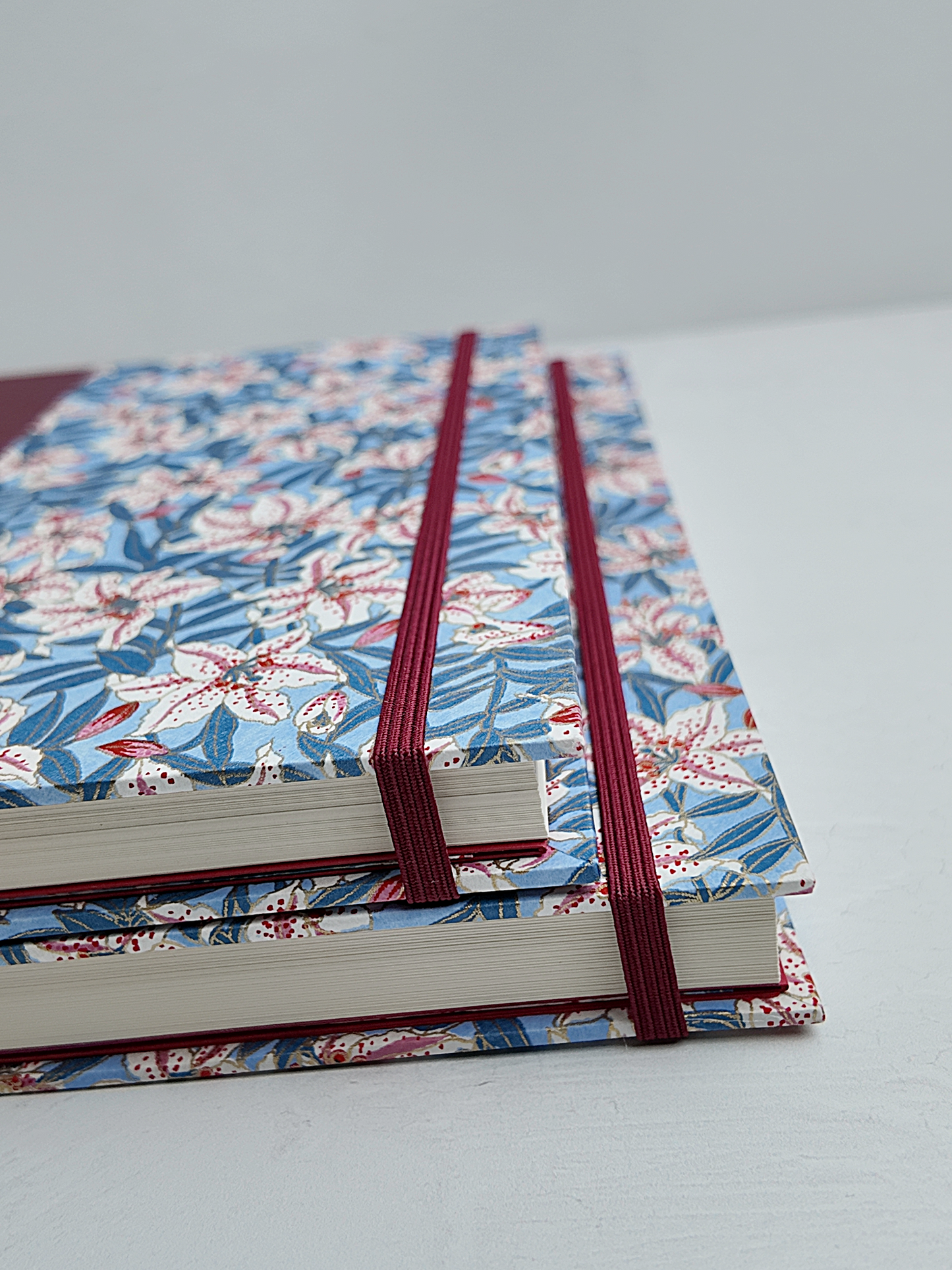 NEW A5 160-page Hardcover Journal finished in Rust Blue Japanese book cloth and white Lilies on blue Chiyogami Paper