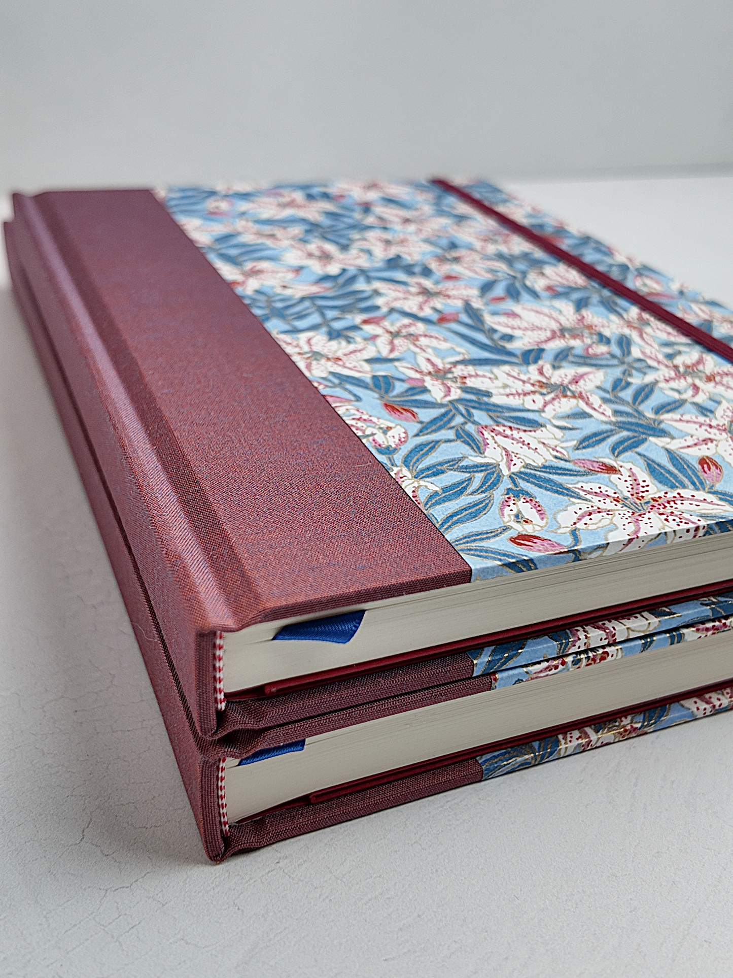 NEW A5 160-page Hardcover Journal finished in Rust Blue Japanese book cloth and white Lilies on blue Chiyogami Paper