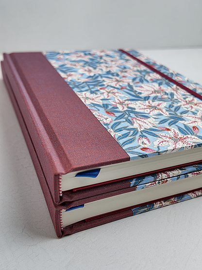 NEW A5 160-page Hardcover Journal finished in Rust Blue Japanese book cloth and white Lilies on blue Chiyogami Paper