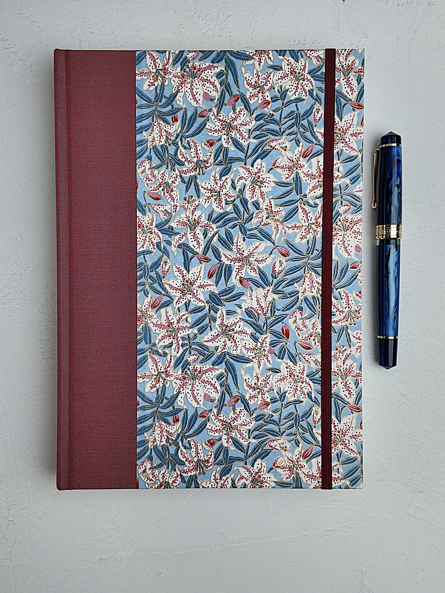 NEW B5 192-page Hardcover Journal finished in Rust Blue Japanese book cloth and white Lilies on blue Chiyogami Paper