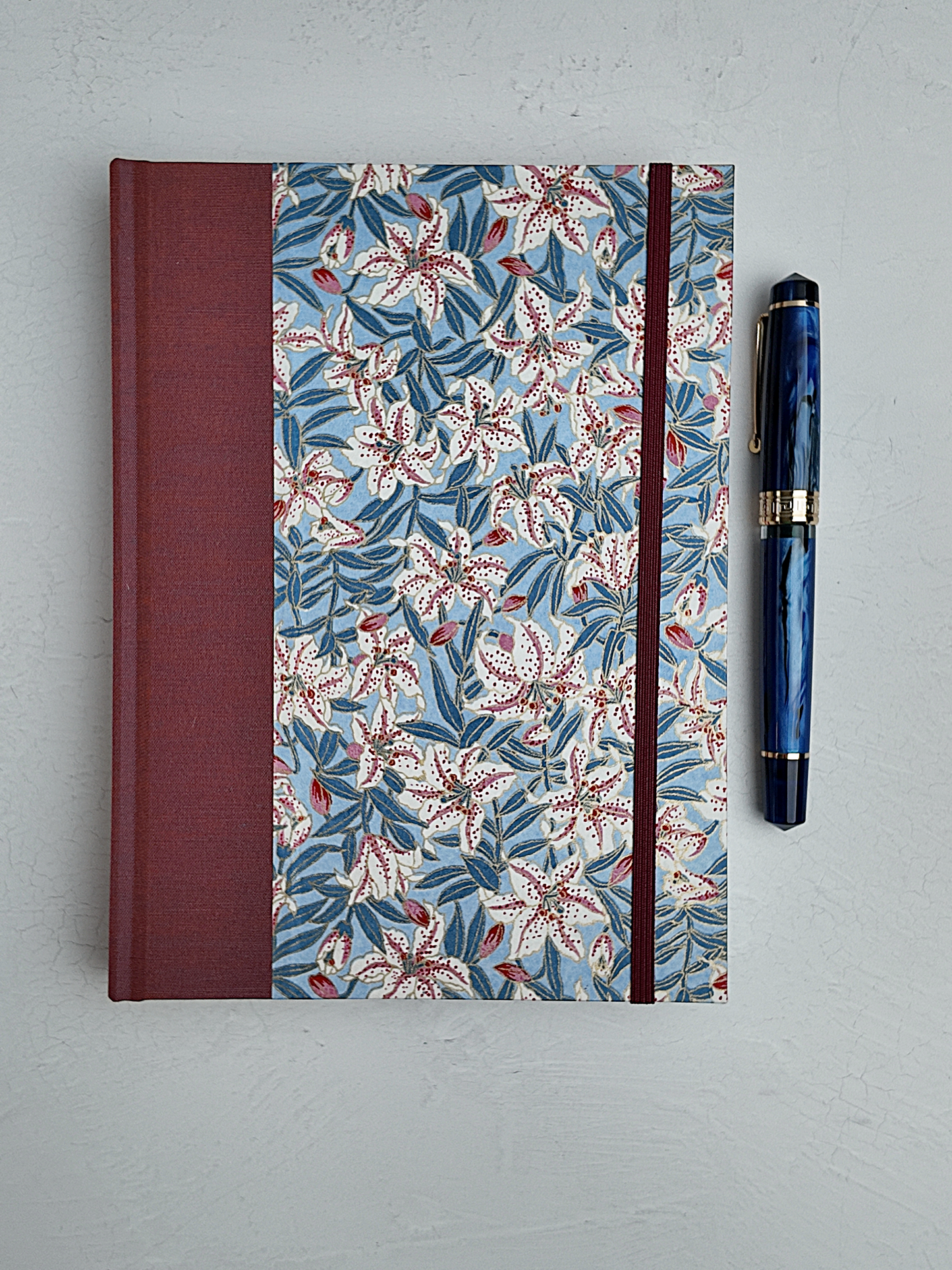 NEW A5 160-page Hardcover Journal finished in Rust Blue Japanese book cloth and white Lilies on blue Chiyogami Paper