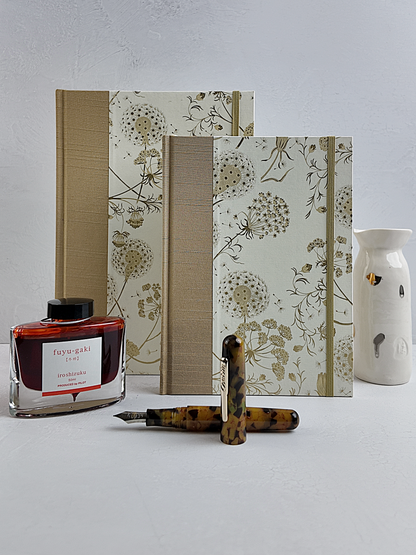 NEW B5 192-page Hardcover Journal finished in Soft Gold Japanese book cloth and Dandelion Italian Florentine print