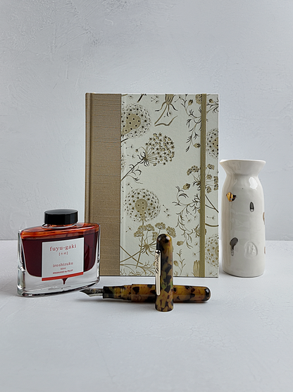 NEW A5 160-page Hardcover Journal finished in Soft Gold Japanese book cloth and Dandelion Italian Florentine print