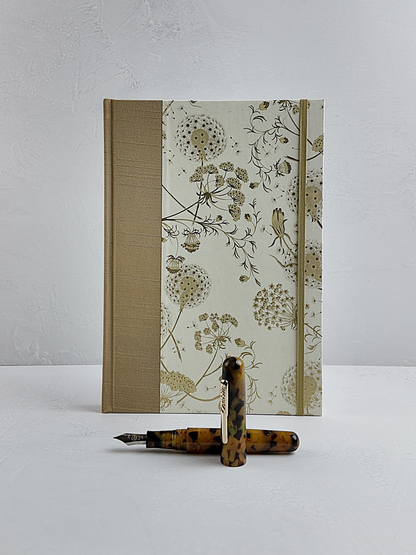 NEW B5 192-page Hardcover Journal finished in Soft Gold Japanese book cloth and Dandelion Italian Florentine print