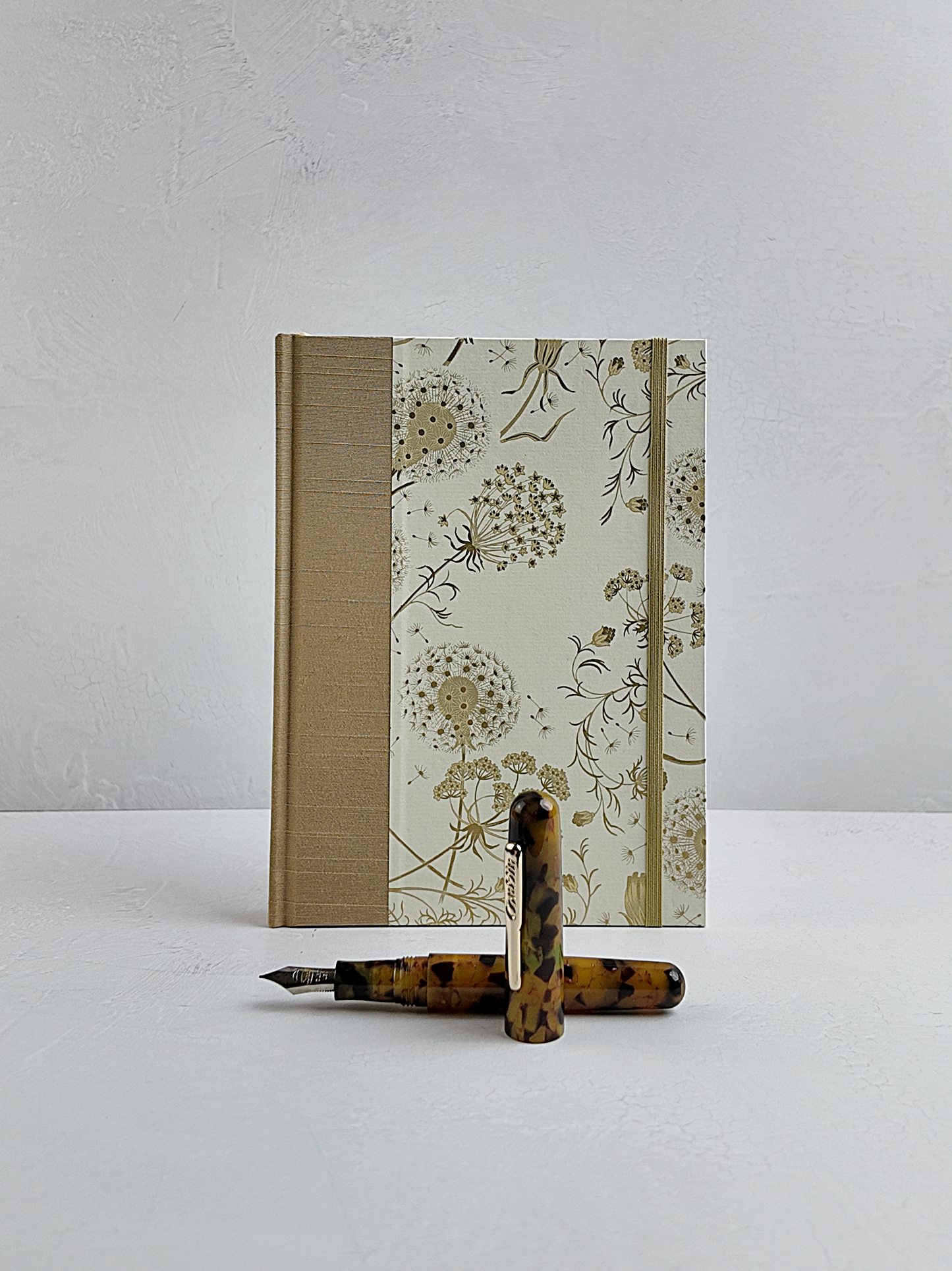 NEW A5 160-page Hardcover Journal finished in Soft Gold Japanese book cloth and Dandelion Italian Florentine print