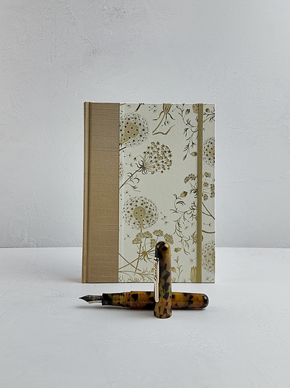 NEW A5 160-page Hardcover Journal finished in Soft Gold Japanese book cloth and Dandelion Italian Florentine print