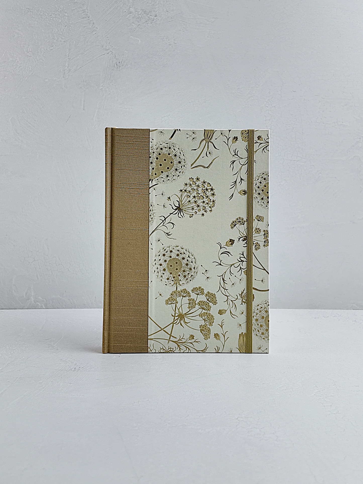 NEW A5 160-page Hardcover Journal finished in Soft Gold Japanese book cloth and Dandelion Italian Florentine print