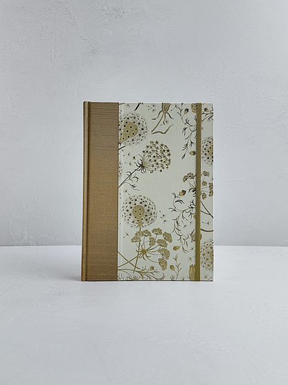 NEW A5 160-page Hardcover Journal finished in Soft Gold Japanese book cloth and Dandelion Italian Florentine print