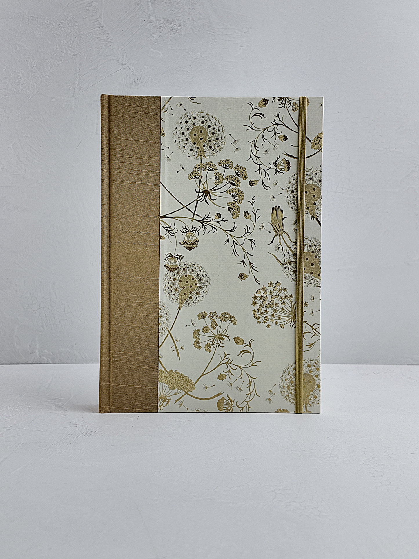 NEW B5 192-page Hardcover Journal finished in Soft Gold Japanese book cloth and Dandelion Italian Florentine print