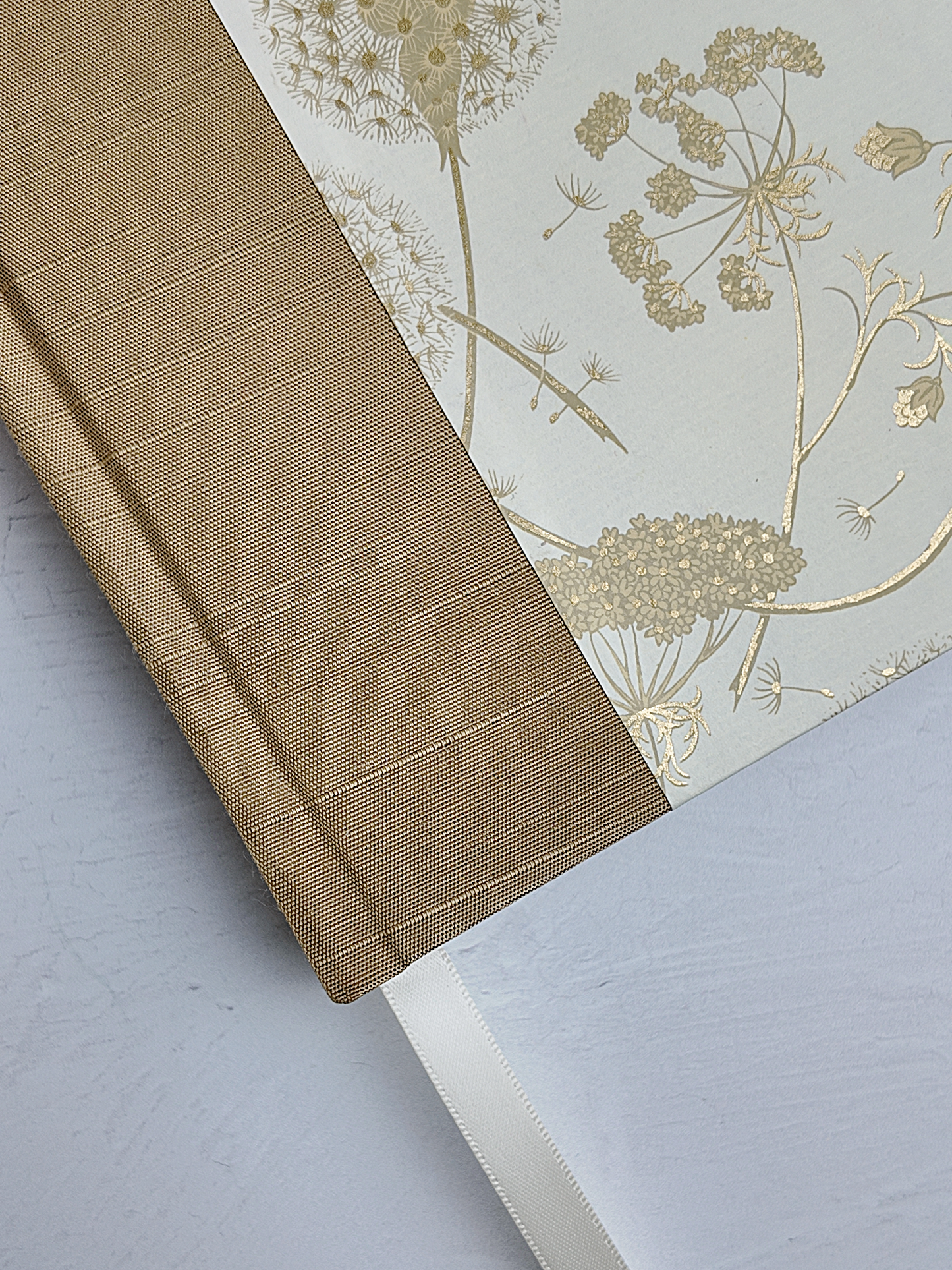 NEW A5 160-page Hardcover Journal finished in Soft Gold Japanese book cloth and Dandelion Italian Florentine print