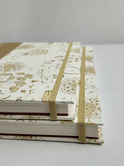 NEW B5 192-page Hardcover Journal finished in Soft Gold Japanese book cloth and Dandelion Italian Florentine print