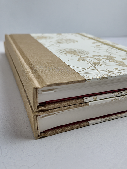 NEW A5 160-page Hardcover Journal finished in Soft Gold Japanese book cloth and Dandelion Italian Florentine print