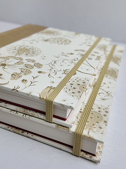 NEW B5 192-page Hardcover Journal finished in Soft Gold Japanese book cloth and Dandelion Italian Florentine print