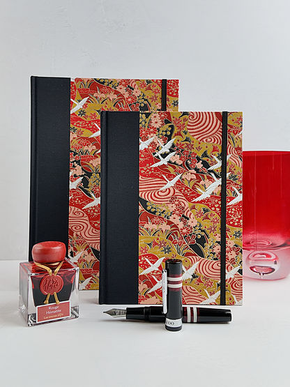 NEW B5 192-page Hardcover Journal finished in Black Japanese book cloth and white Cranes on red Chiyogami Paper