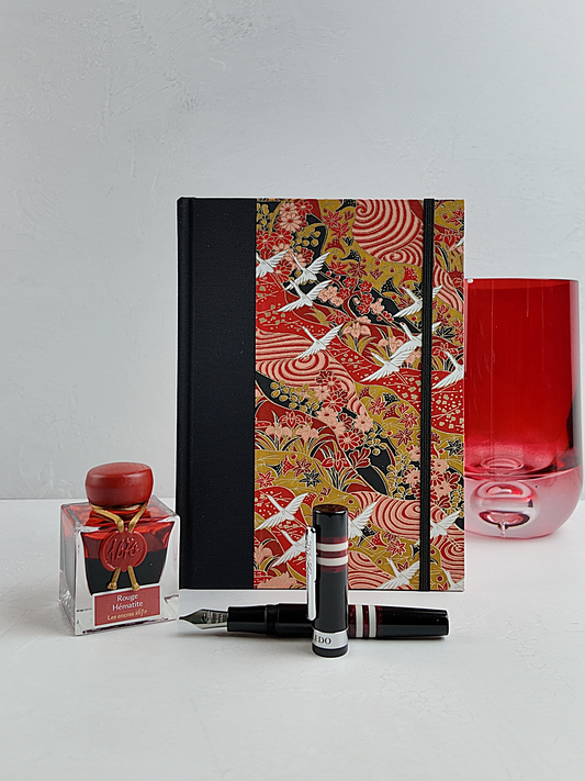 NEW A5 160-page Hardcover Journal finished in Black Japanese book cloth and white Cranes on red Chiyogami Paper