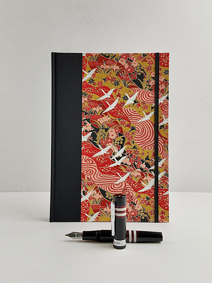 NEW B5 192-page Hardcover Journal finished in Black Japanese book cloth and white Cranes on red Chiyogami Paper