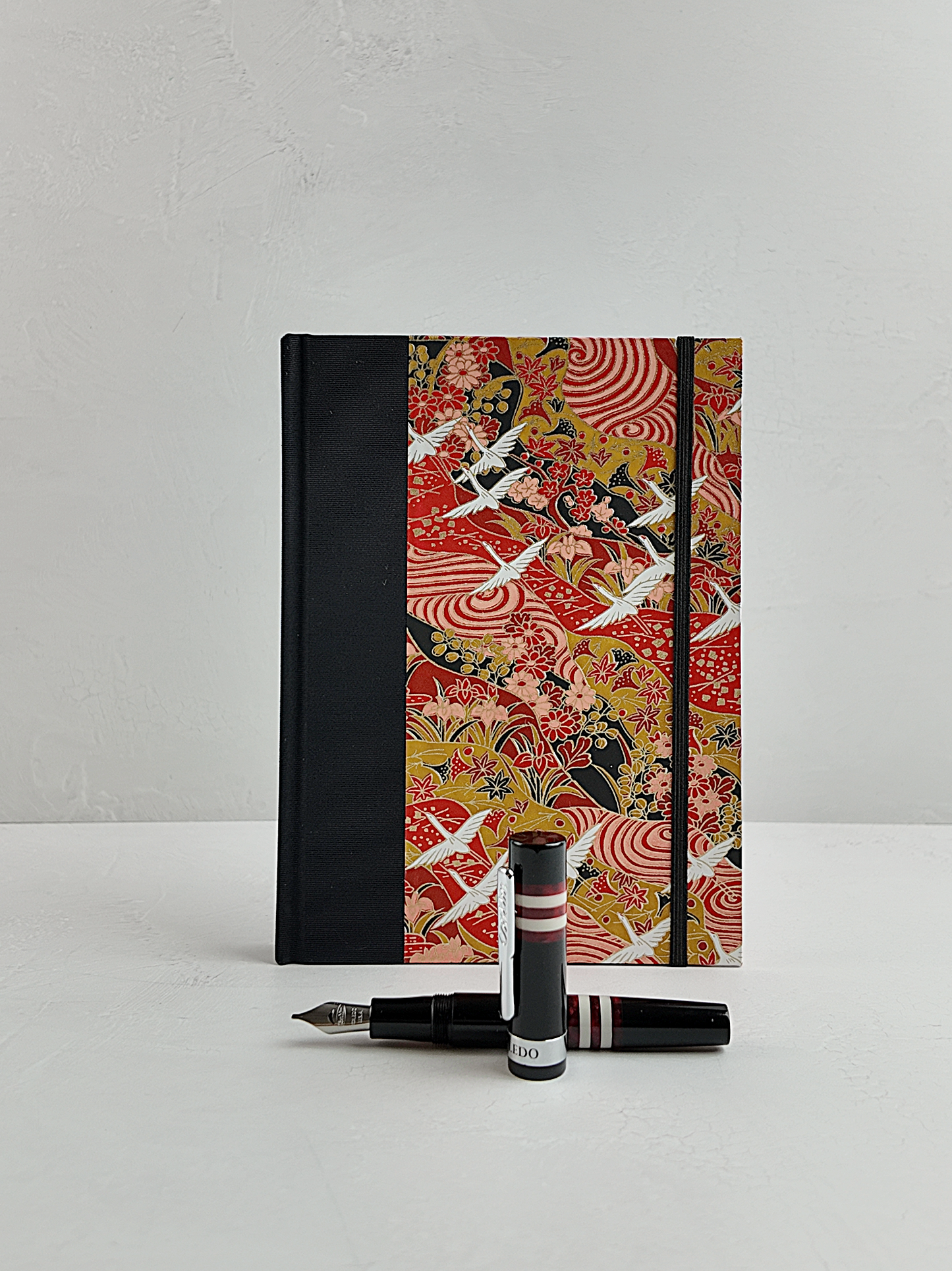 NEW A5 160-page Hardcover Journal finished in Black Japanese book cloth and white Cranes on red Chiyogami Paper
