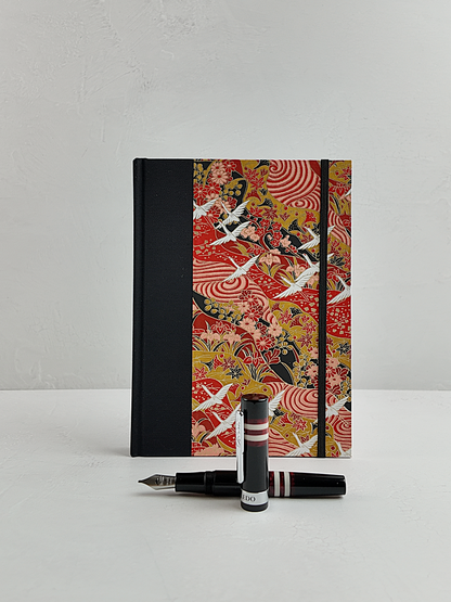 NEW A5 160-page Hardcover Journal finished in Black Japanese book cloth and white Cranes on red Chiyogami Paper