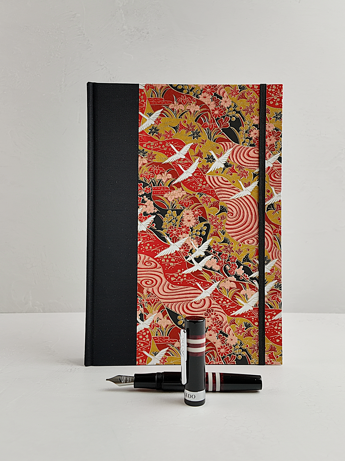 NEW B5 192-page Hardcover Journal finished in Black Japanese book cloth and white Cranes on red Chiyogami Paper