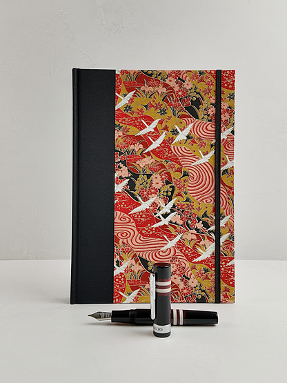 NEW B5 192-page Hardcover Journal finished in Black Japanese book cloth and white Cranes on red Chiyogami Paper