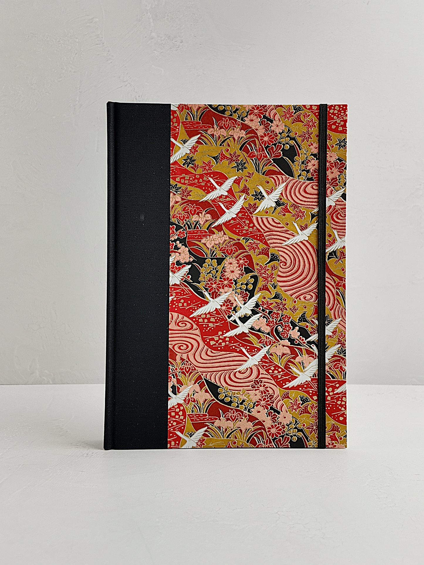 NEW B5 192-page Hardcover Journal finished in Black Japanese book cloth and white Cranes on red Chiyogami Paper