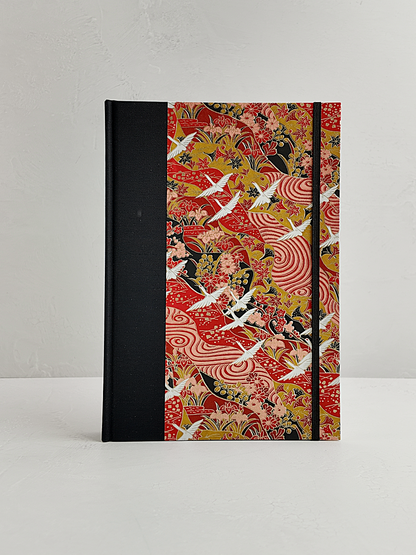 NEW B5 192-page Hardcover Journal finished in Black Japanese book cloth and white Cranes on red Chiyogami Paper