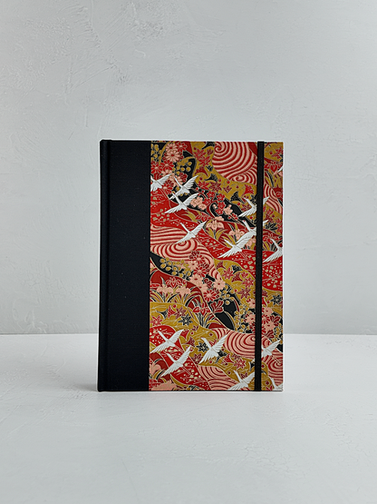 NEW A5 160-page Hardcover Journal finished in Black Japanese book cloth and white Cranes on red Chiyogami Paper