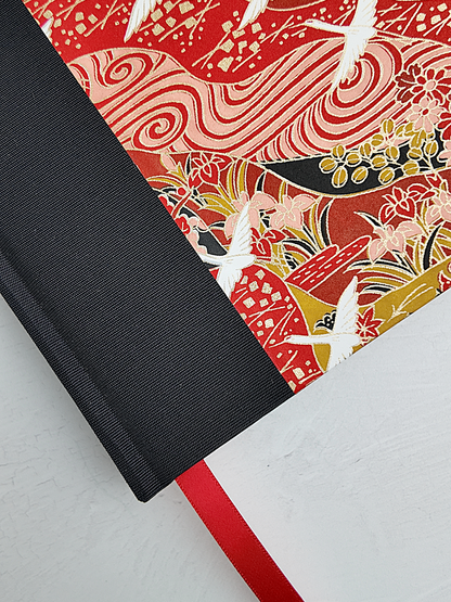 NEW A5 160-page Hardcover Journal finished in Black Japanese book cloth and white Cranes on red Chiyogami Paper
