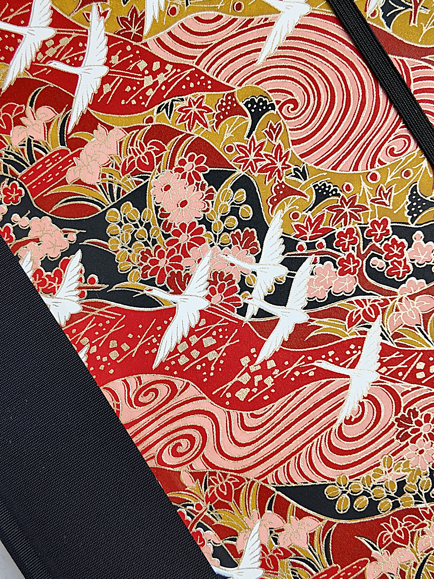 NEW B5 192-page Hardcover Journal finished in Black Japanese book cloth and white Cranes on red Chiyogami Paper