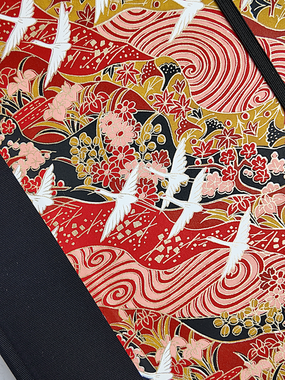 NEW B5 192-page Hardcover Journal finished in Black Japanese book cloth and white Cranes on red Chiyogami Paper
