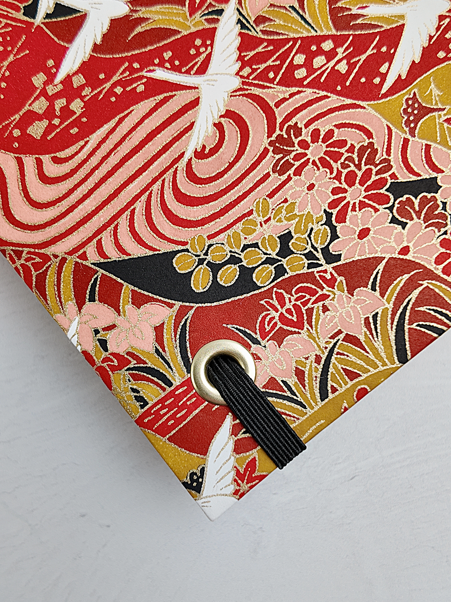 NEW B5 192-page Hardcover Journal finished in Black Japanese book cloth and white Cranes on red Chiyogami Paper