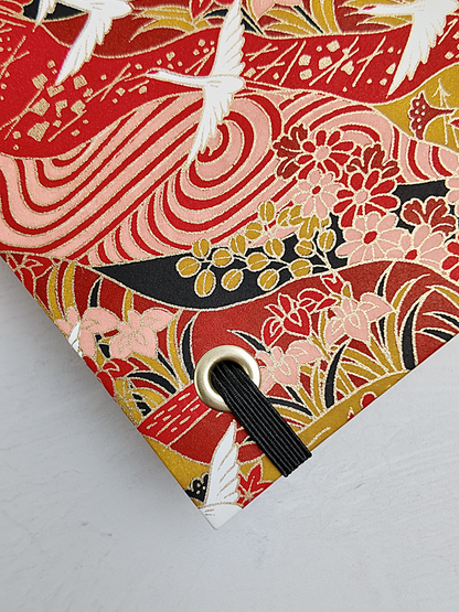 NEW B5 192-page Hardcover Journal finished in Black Japanese book cloth and white Cranes on red Chiyogami Paper