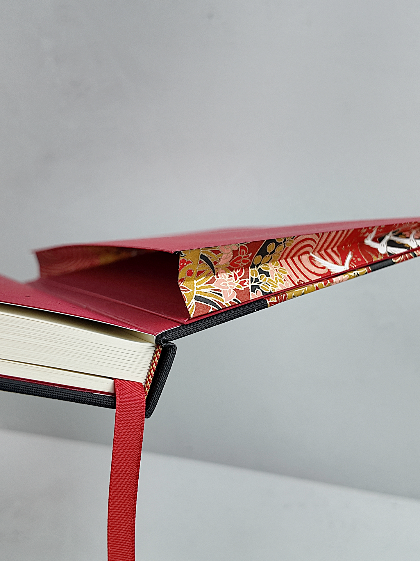 NEW A5 160-page Hardcover Journal finished in Black Japanese book cloth and white Cranes on red Chiyogami Paper