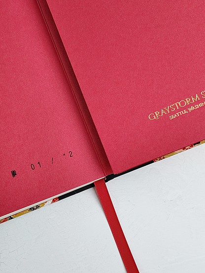 NEW B5 192-page Hardcover Journal finished in Black Japanese book cloth and white Cranes on red Chiyogami Paper