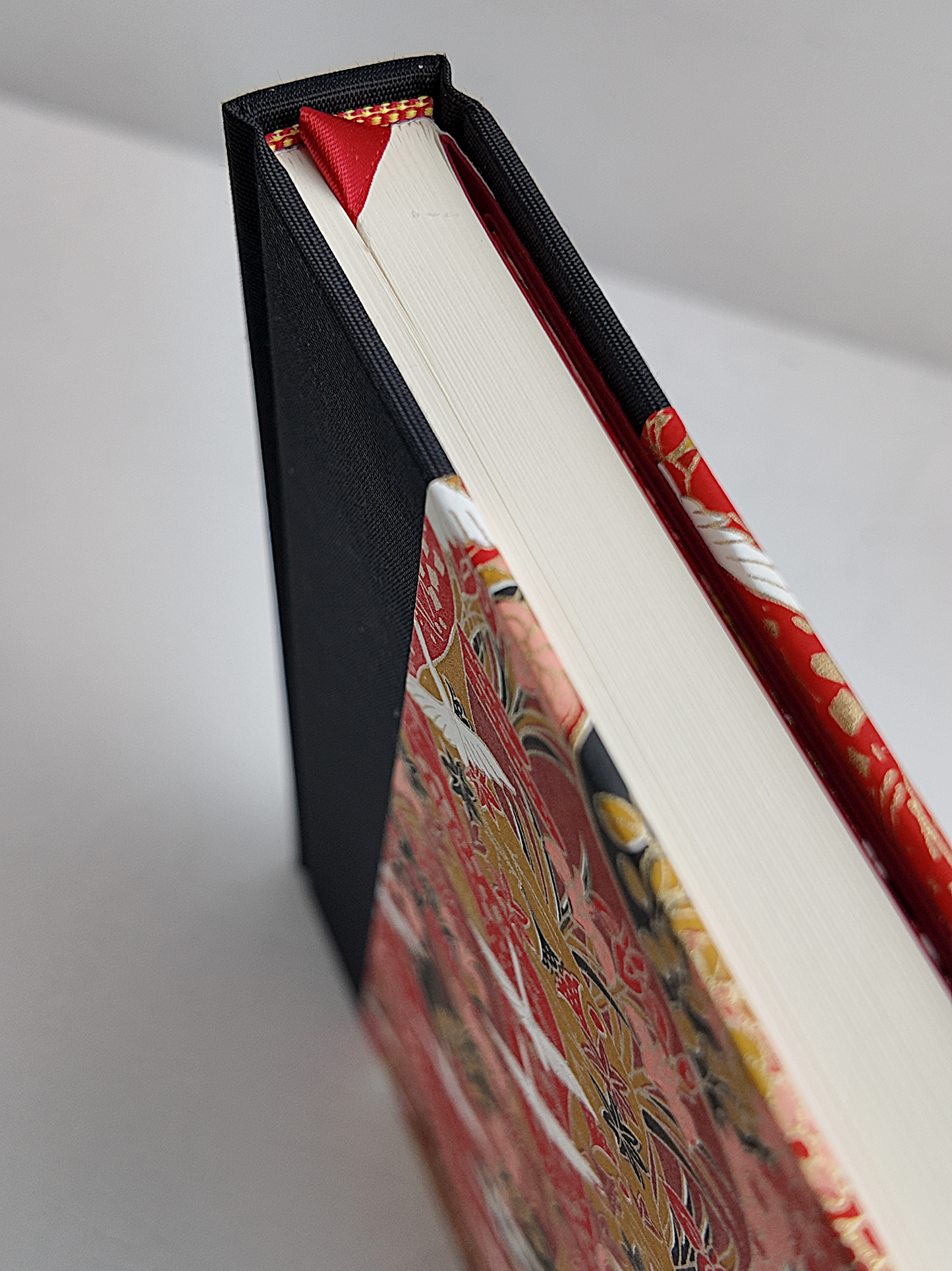 NEW B5 192-page Hardcover Journal finished in Black Japanese book cloth and white Cranes on red Chiyogami Paper