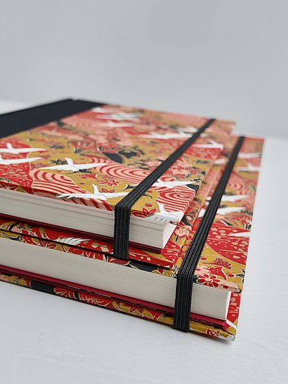 NEW A5 160-page Hardcover Journal finished in Black Japanese book cloth and white Cranes on red Chiyogami Paper