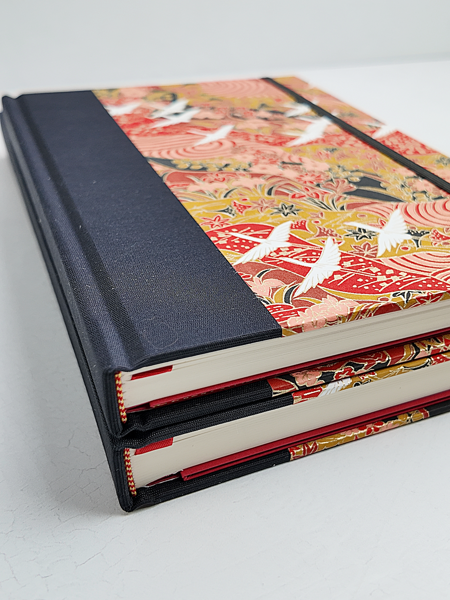 NEW A5 160-page Hardcover Journal finished in Black Japanese book cloth and white Cranes on red Chiyogami Paper