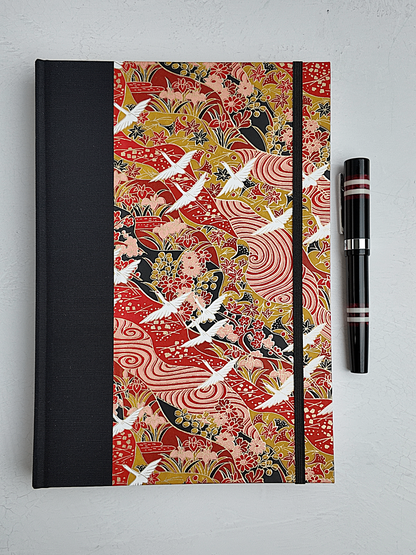 NEW B5 192-page Hardcover Journal finished in Black Japanese book cloth and white Cranes on red Chiyogami Paper