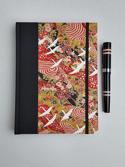 NEW A5 160-page Hardcover Journal finished in Black Japanese book cloth and white Cranes on red Chiyogami Paper