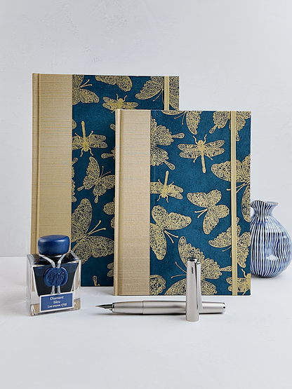 NEW B5 192-page Hardcover Journal finished in Soft Gold Japanese book cloth and blue Nepalese Lokta Paper