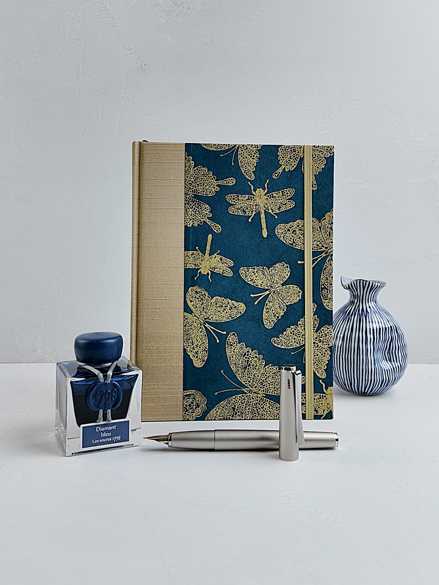 NEW A5 160-page Hardcover Journal finished in Soft Gold Japanese book cloth and blue Nepalese Lokta Paper