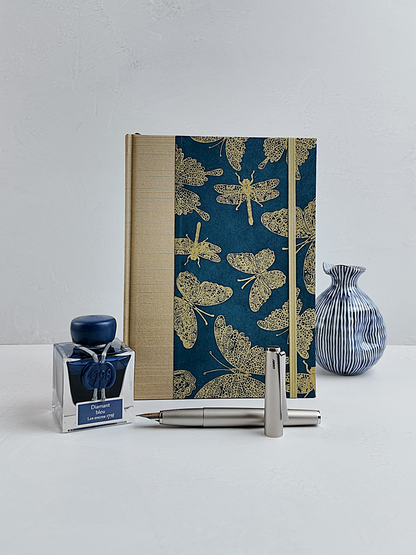 NEW A5 160-page Hardcover Journal finished in Soft Gold Japanese book cloth and blue Nepalese Lokta Paper